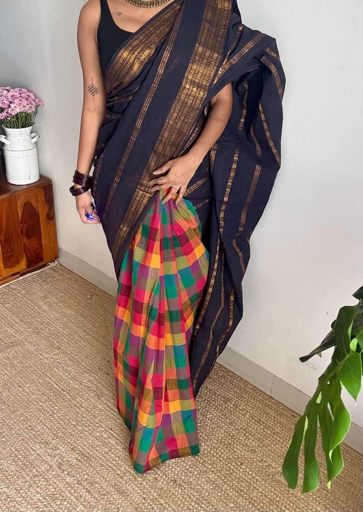 Black velthaari stripes with multicoloured madras checks, cotton half and half saree - YCCOTNIDOC167