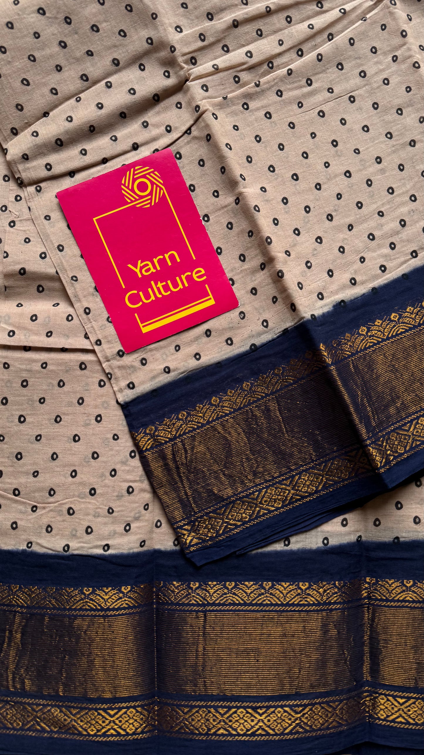 Sandal and dark blue with antique gold zari border, kattuchayam dyed madurai cotton saree - YCCOTNMSJUL12