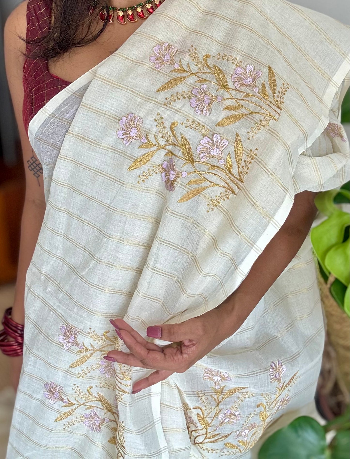 Ivory and gold soft cotton saree, lavender floral embroidery  - YCIEON53