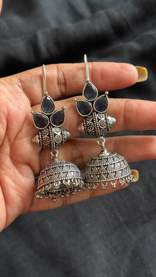 Oxidised silver hook earrings, blue stone - YCOSED252