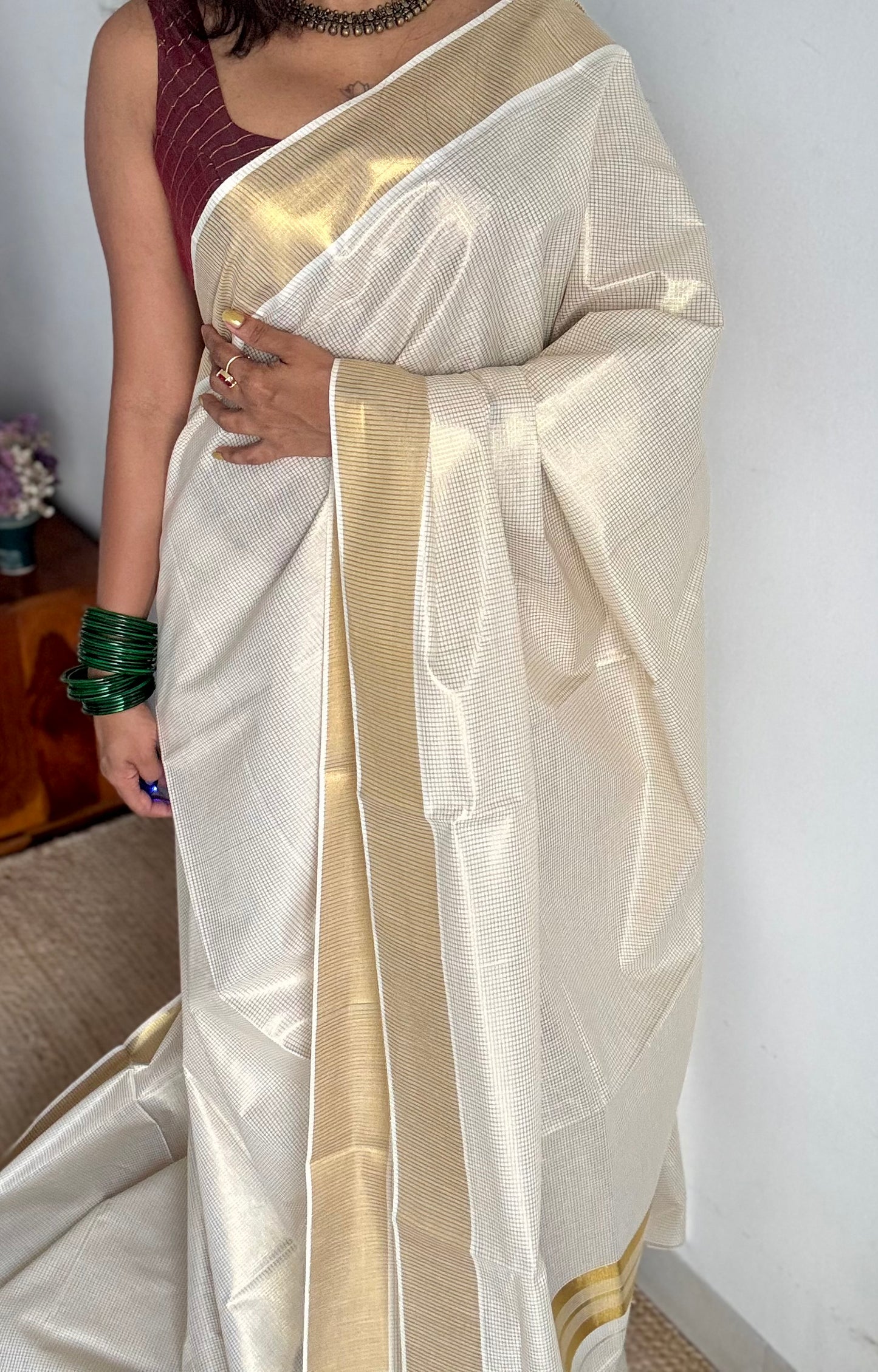 Ivory Kerala tissue cotton saree with gold microchecks - YCIEKCFE317