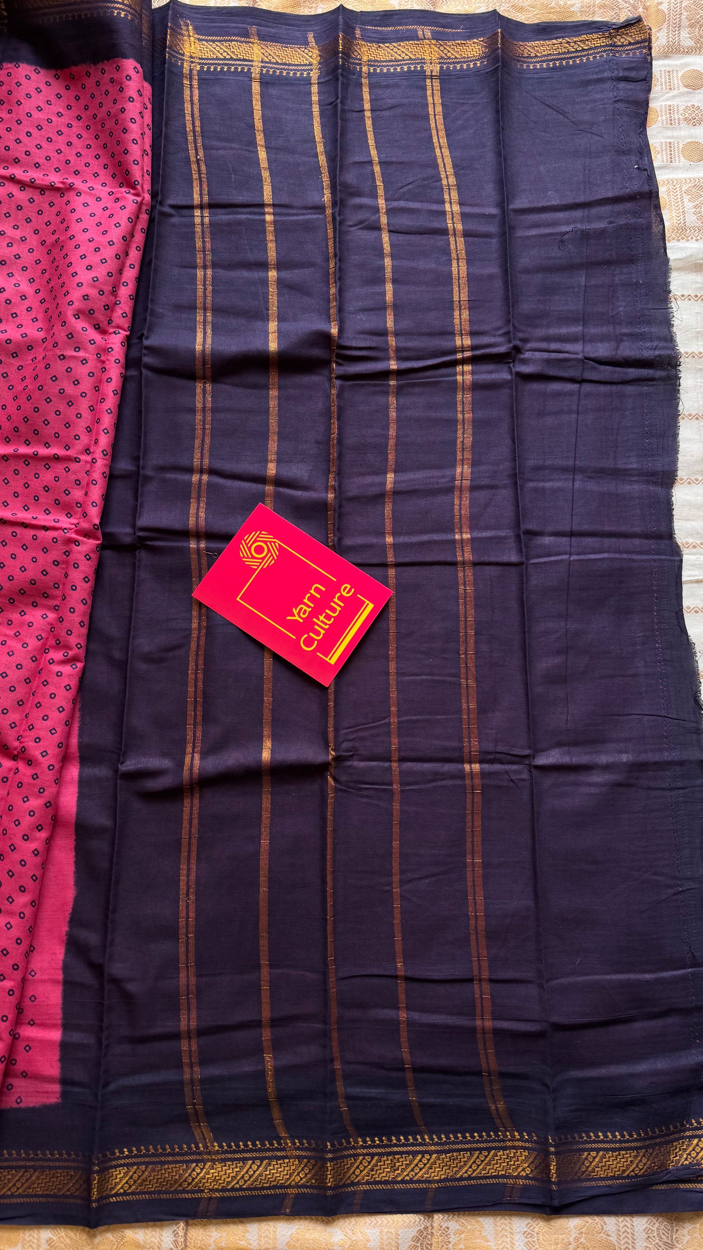 Rosy pink with navy blue contrast, kattuchayam dyed madurai cotton saree - YCCOTNMA248