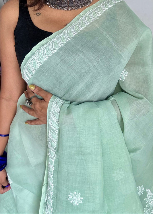 pastel green chikankari cotton saree