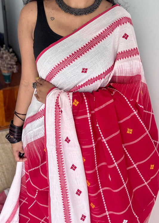 Pure Dhaniakhali tant in white with red checks - YCBCDP21