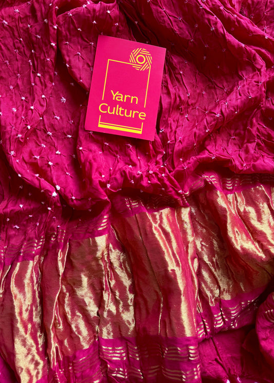 Rani pink, crushed bandhej pure modal silk saree with lagdi patta zari pallu - YCTOKBM332