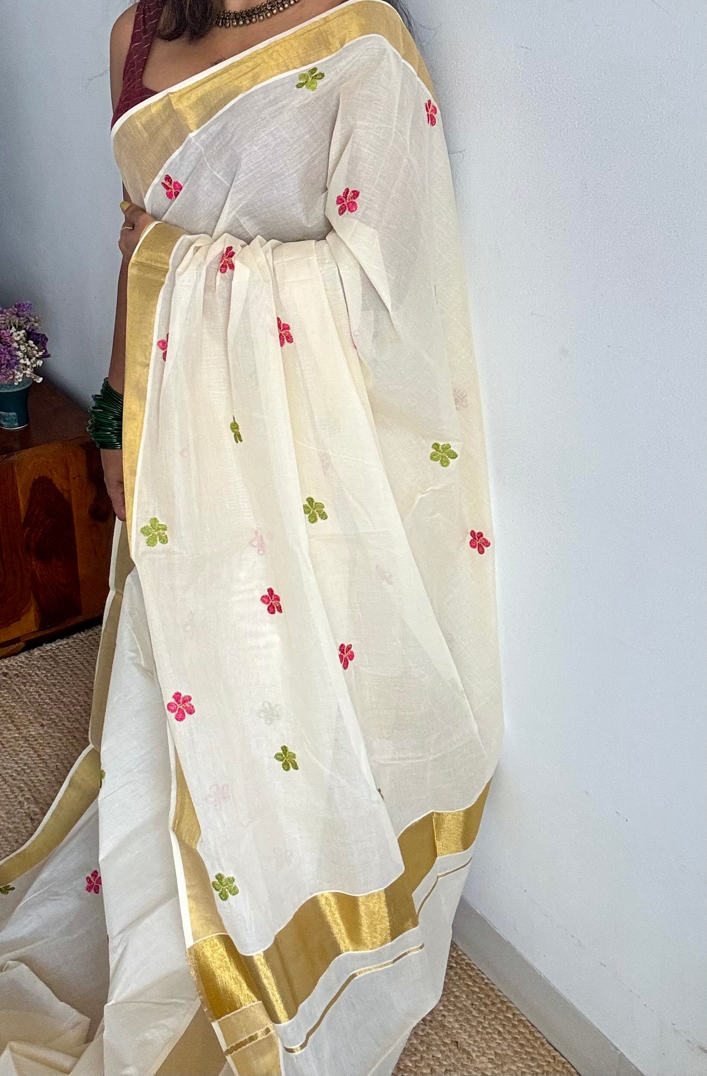 Ivory and gold saree with light green and hot pink floral embroidery - YCIEKCFE310