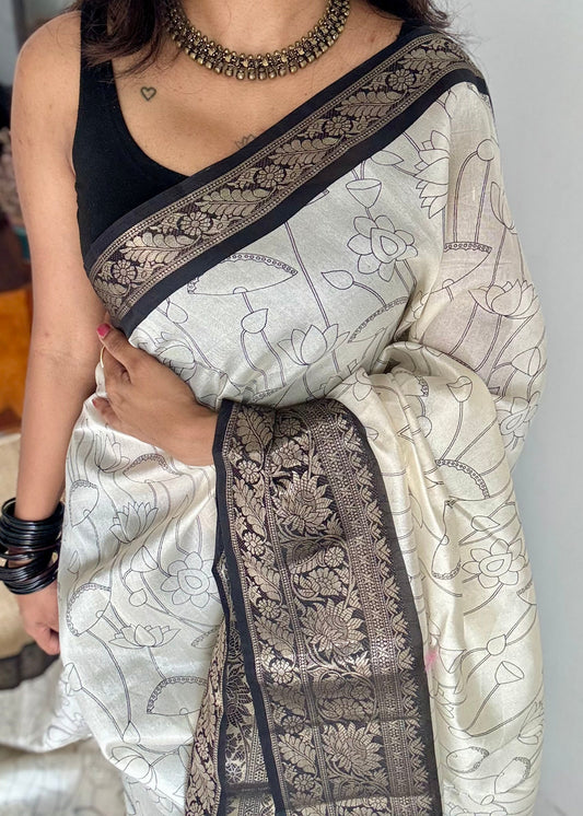 Off white and black, printed kalamkari, lotus motif, semi-tussar - YCWOTDSTK05