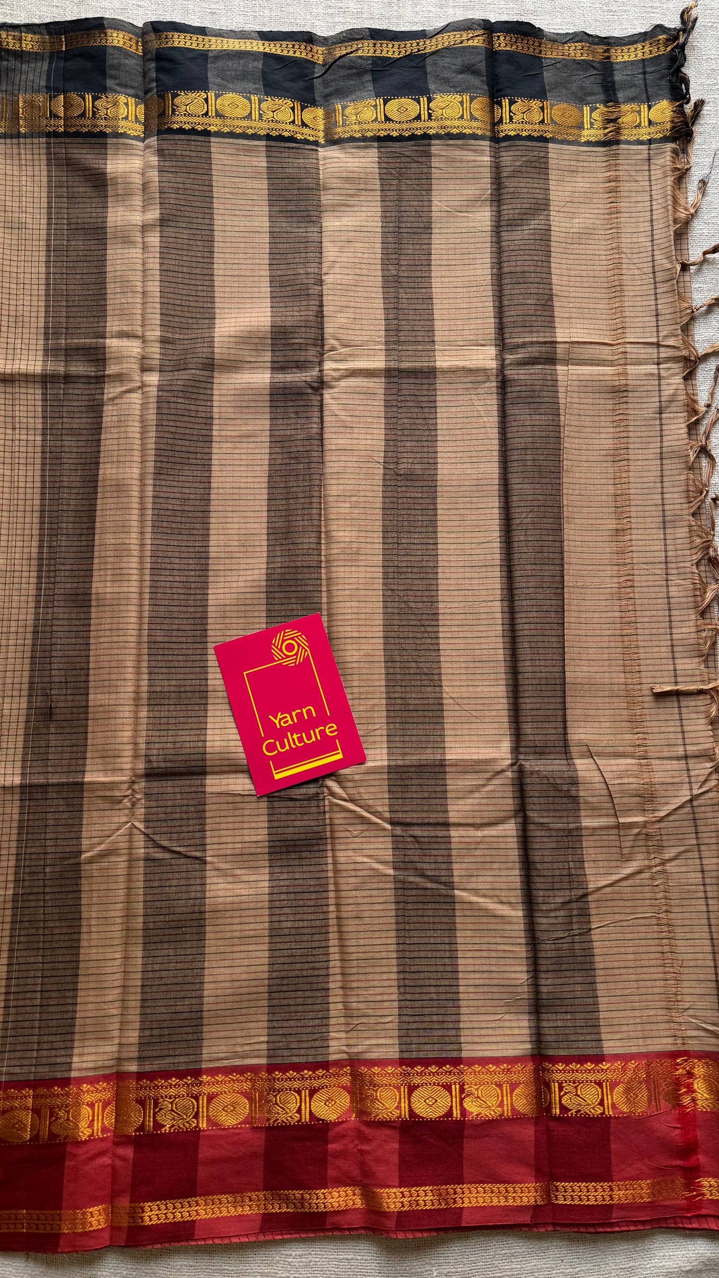 Grey checks with black and light red ganga jamuna borders, premium narayanpet soft cotton - YCWOTDNPJA154