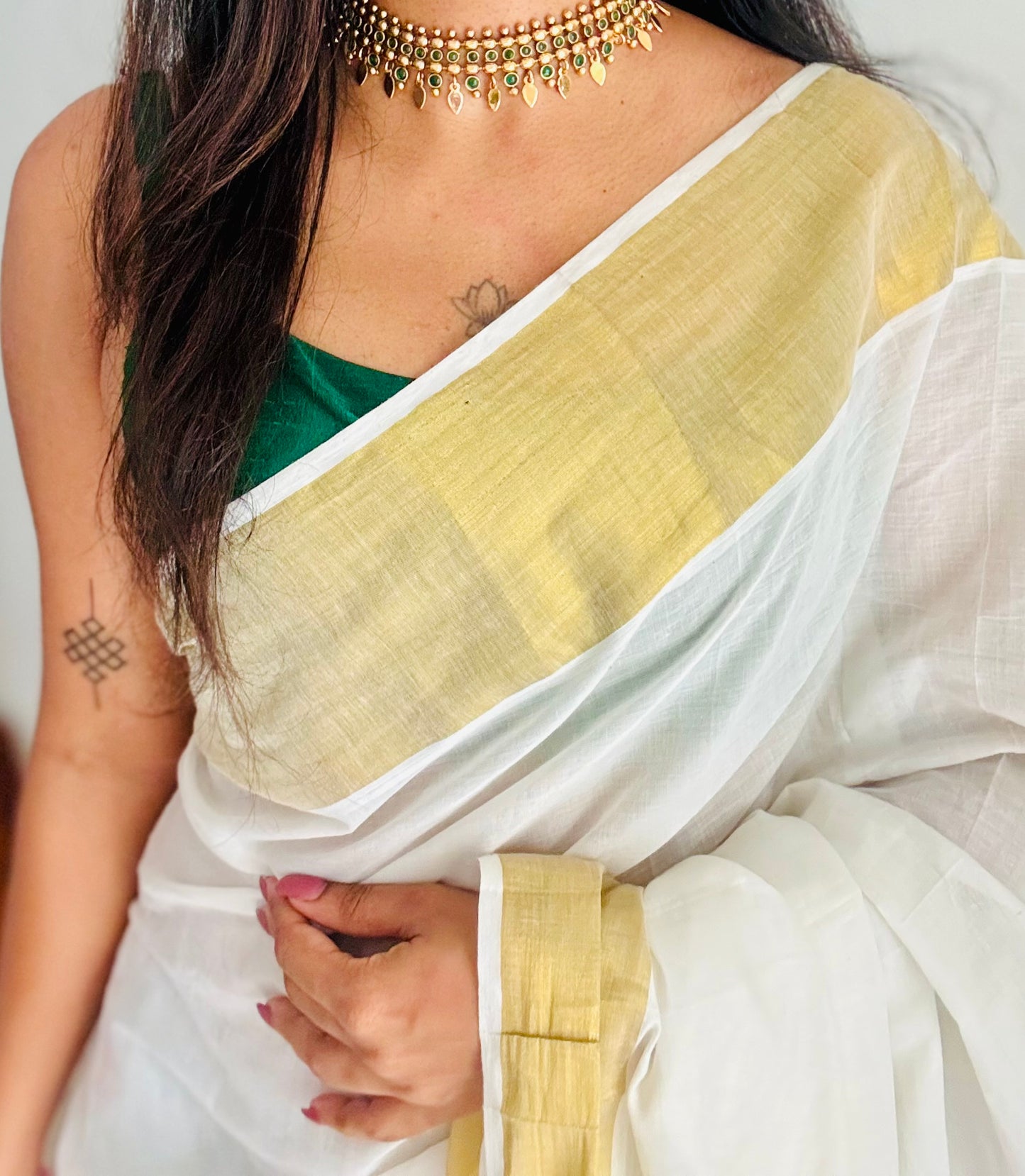 Elakkathali with green stones, with earrings - YCGPNP789