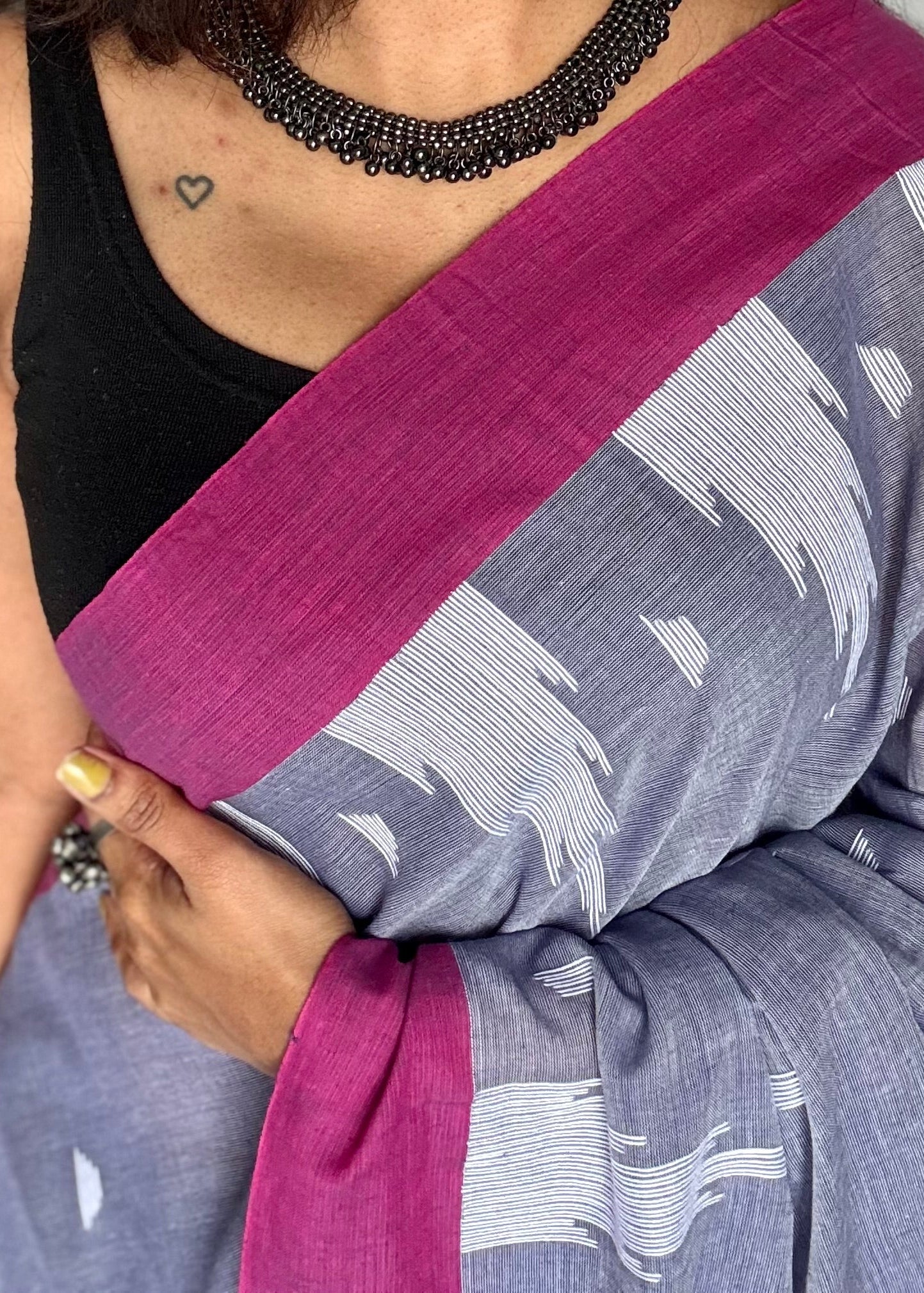 Cool grey with purple pink borders, temple motif woven threadwork, soft cotton - YCBCMKCDE30