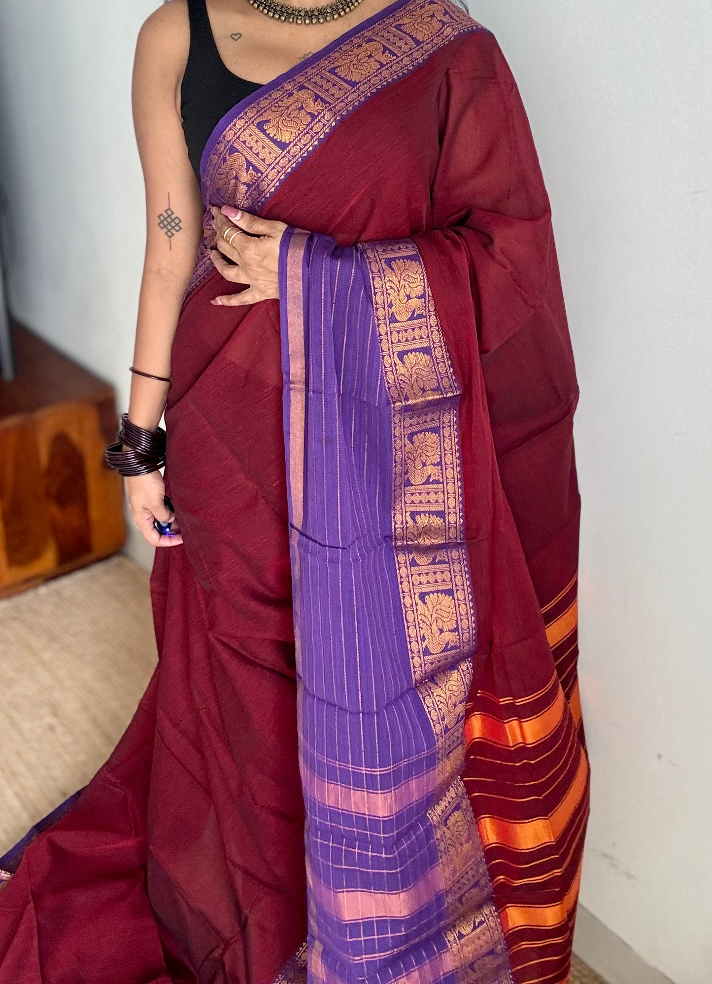 Maroon with violet border, narayanpet soft cotton saree - YCWOTDAUG10