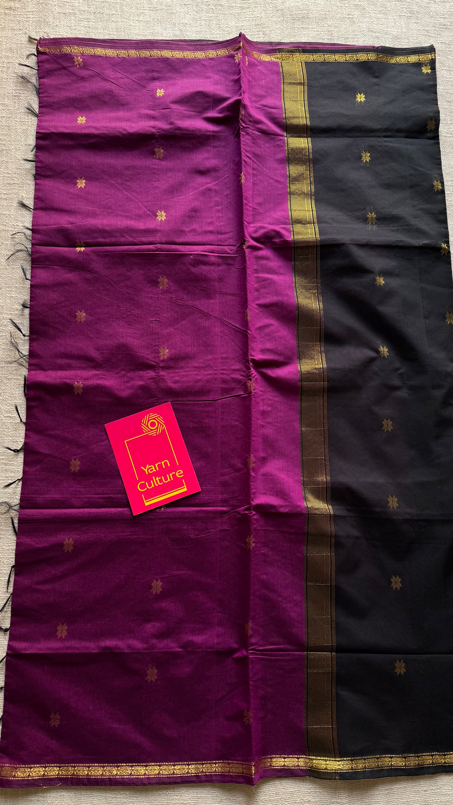 Grape wine with black, gold buttas, semi maheshwari cotton silk - YCCOTNCSDE86