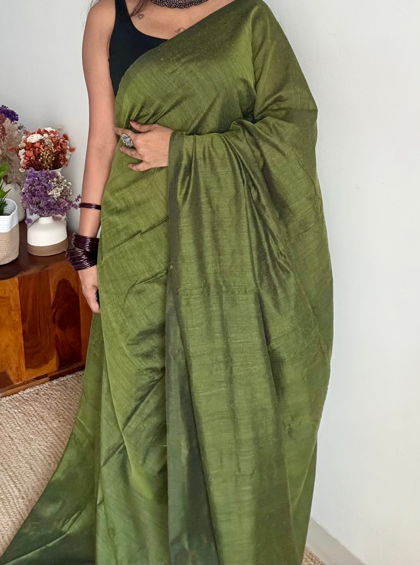 Olive green soft cotton saree  - YCBCKCAP18