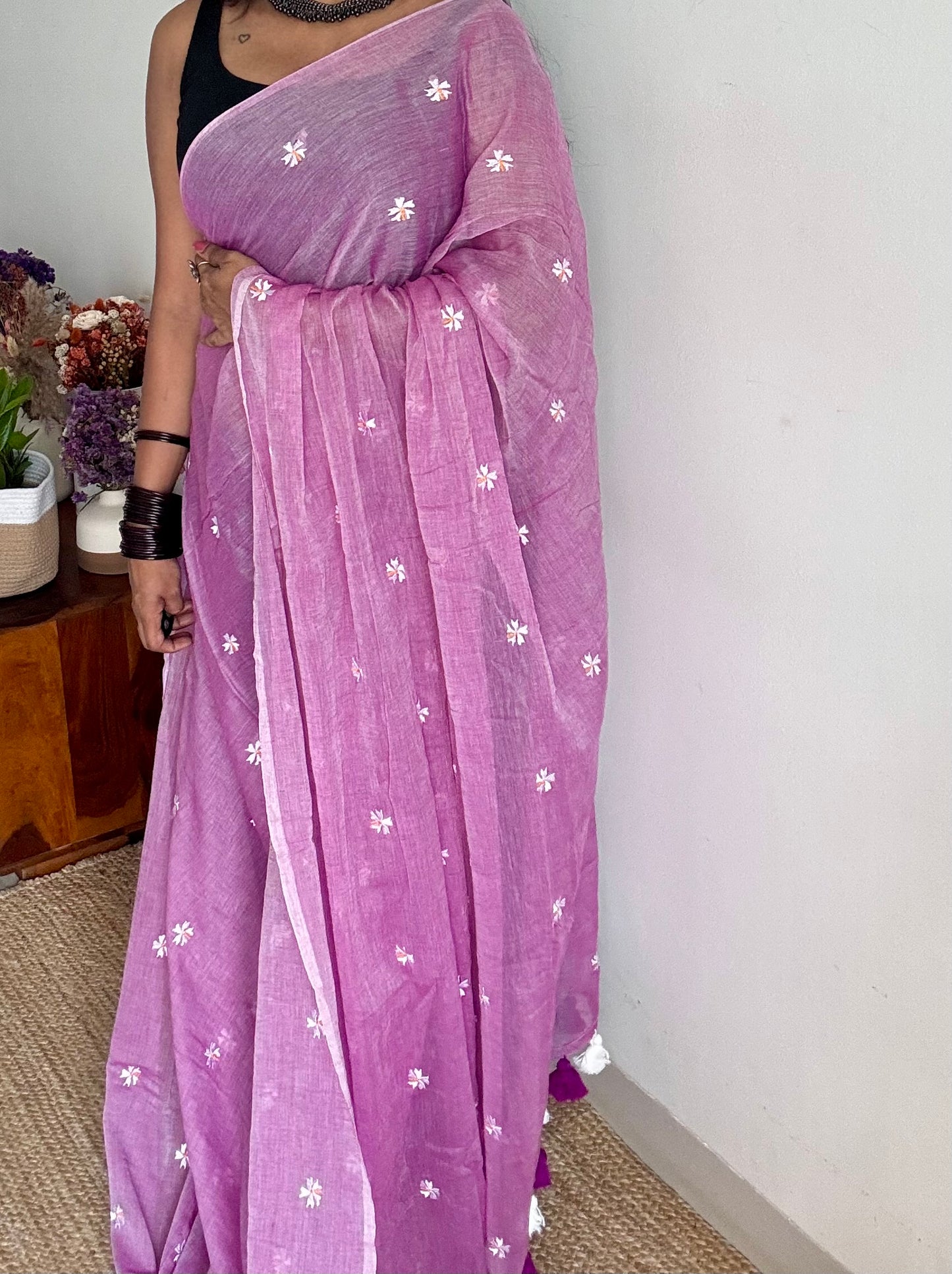 Mauve pink parijat mul cotton saree  - YCBCMCAP33
