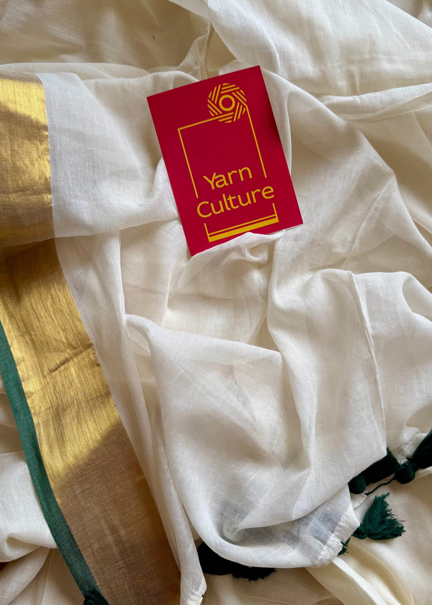 Ivory mul saree, green and gold border -YCIEON16