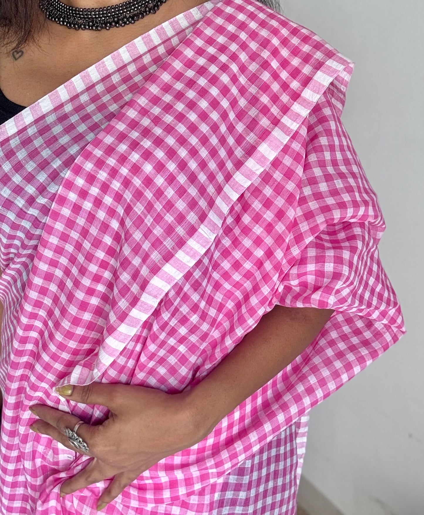 Hot pink and white checkered mul cotton saree  - YCBCMCCMA25