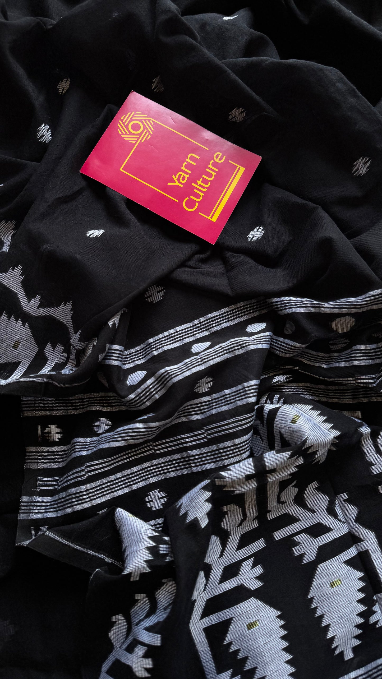 Black with white contrast jamdani saree in soft handloom cotton - YCBCJDFE377