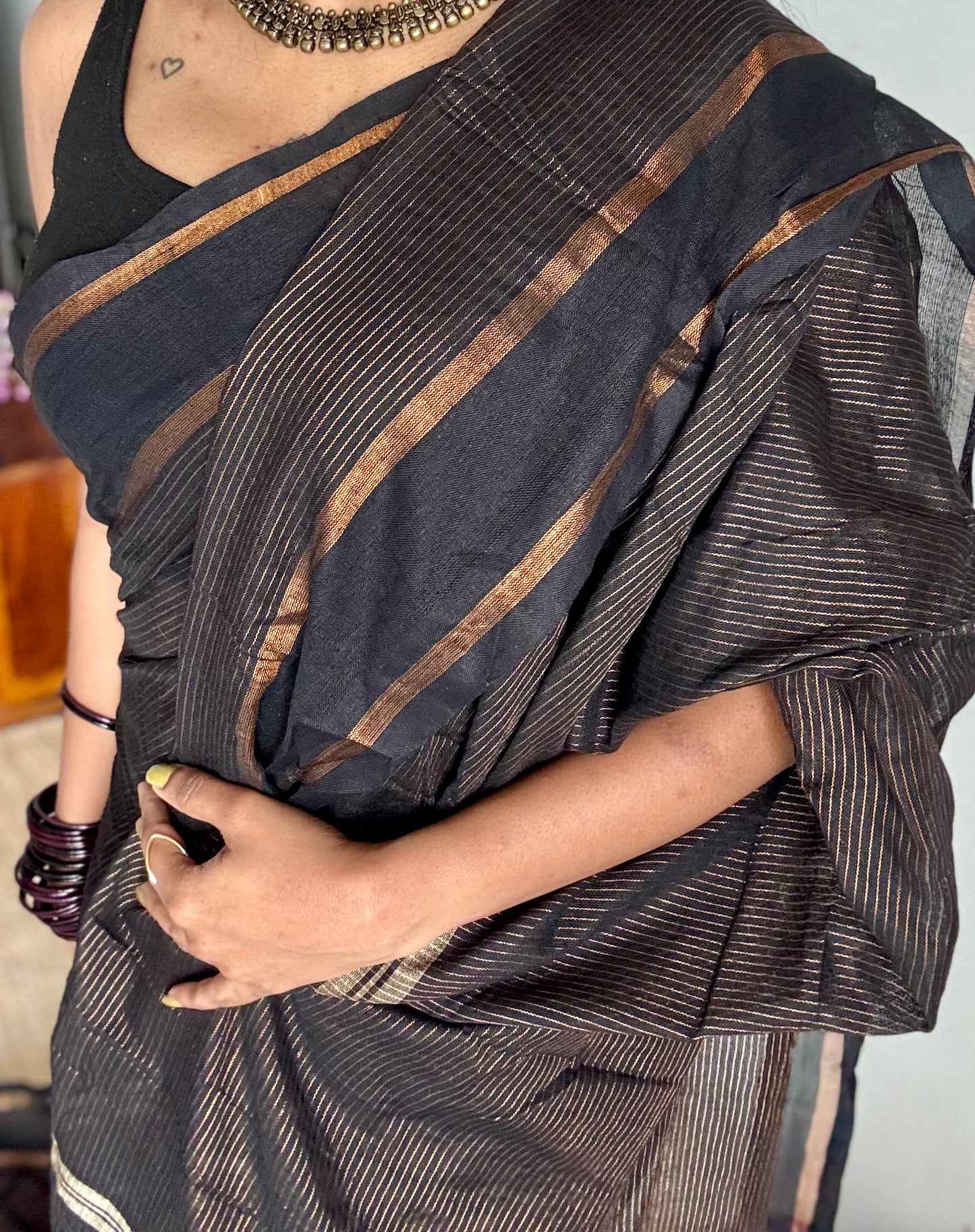 Black, gap border, copper zari stripes, soft  cotton - YCBCKCZDE118