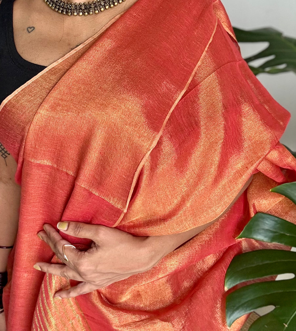 Orange with gold, dual tone metallic tissue linen saree - YCBCLTOC58