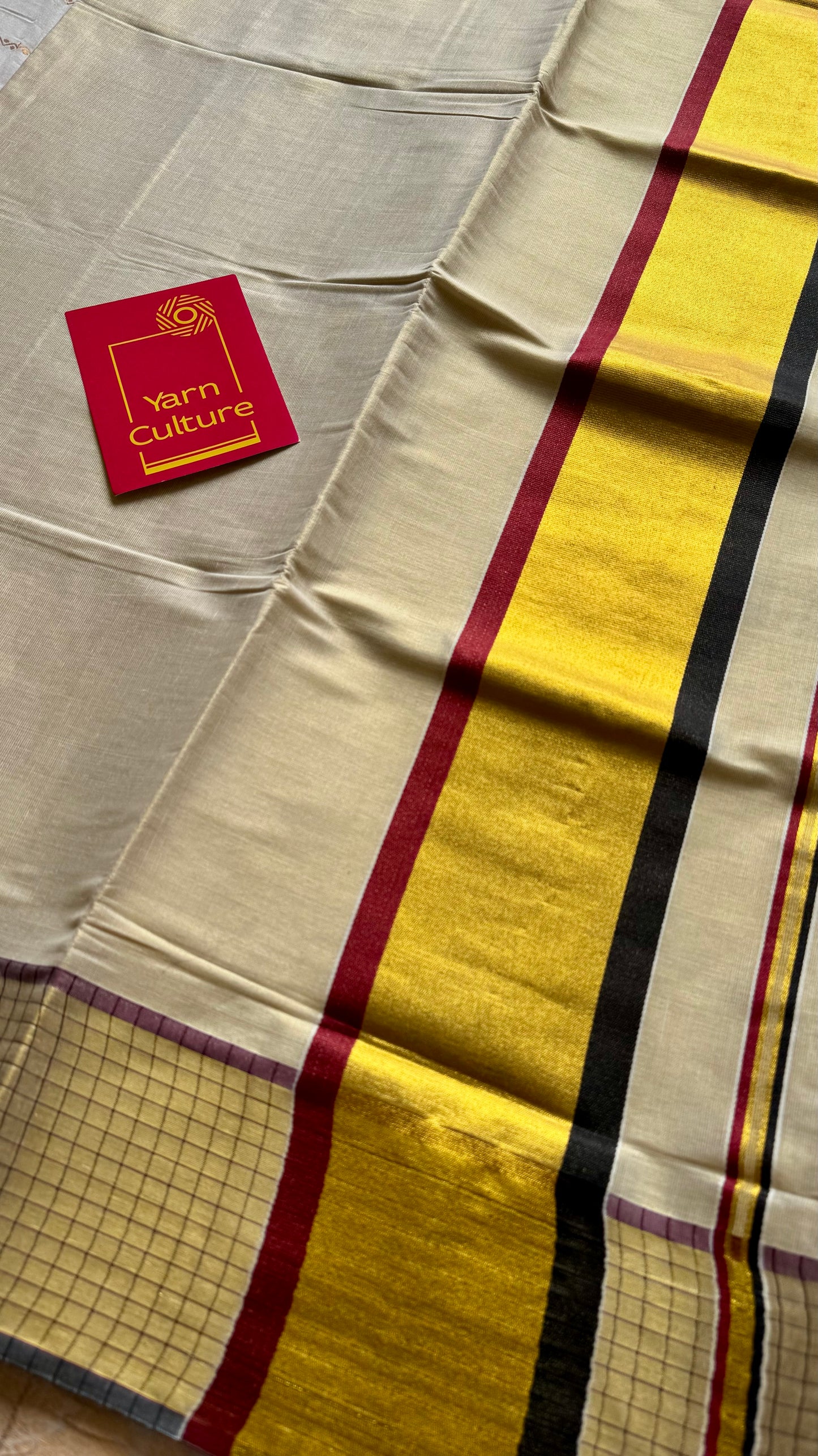 Ivory and gold soft tissue cotton saree, black and red, checkered border - YCIEON78