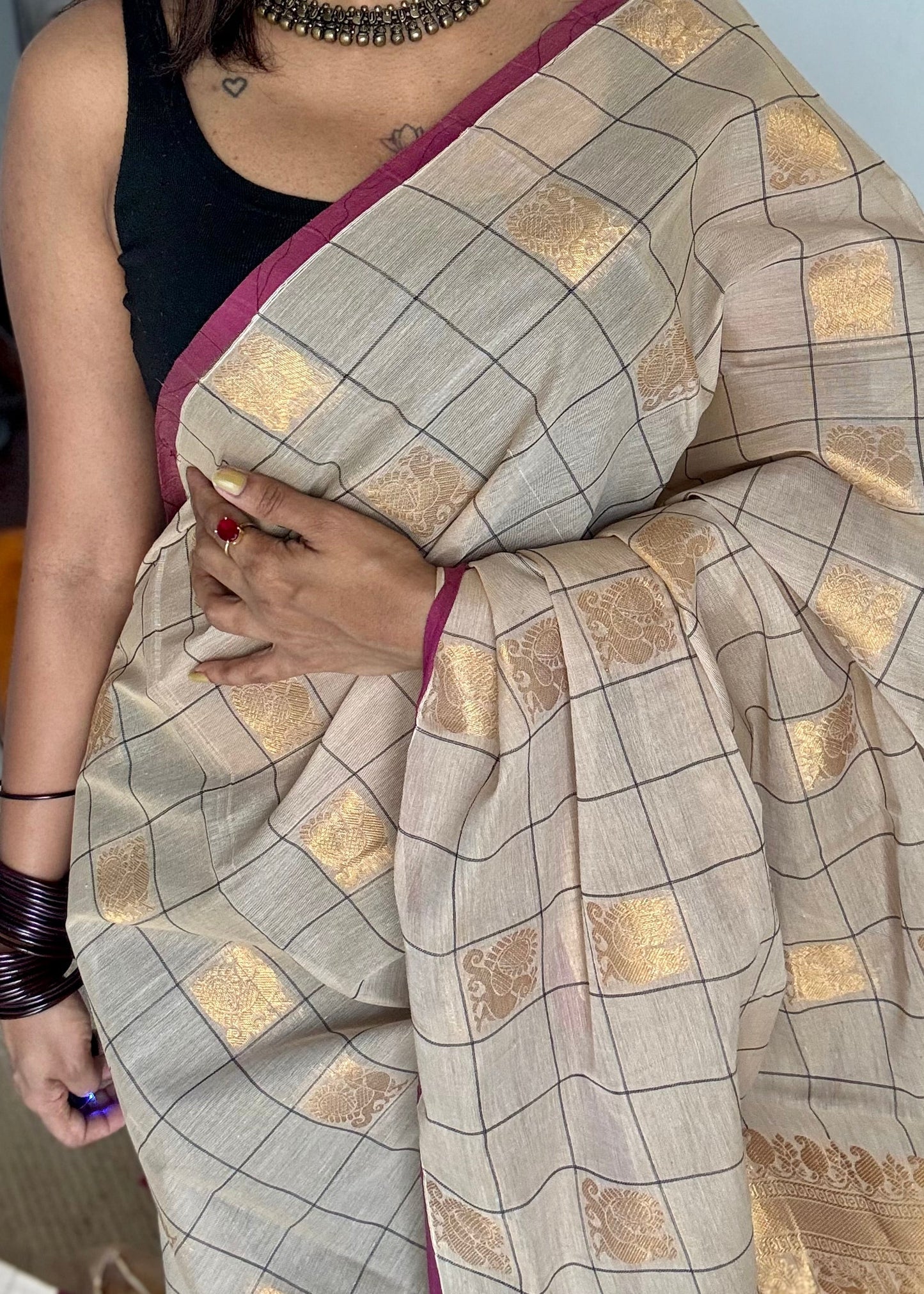 Kanchi cotton saree, peacock motif saree, Kanchivaram inspired design, South Indian cotton saree, traditional checked saree, Kanchi cotton saree with peacock design