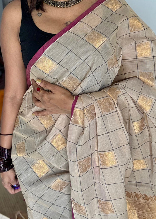 Kanchi cotton saree, peacock motif saree, Kanchivaram inspired design, South Indian cotton saree, traditional checked saree, Kanchi cotton saree with peacock design