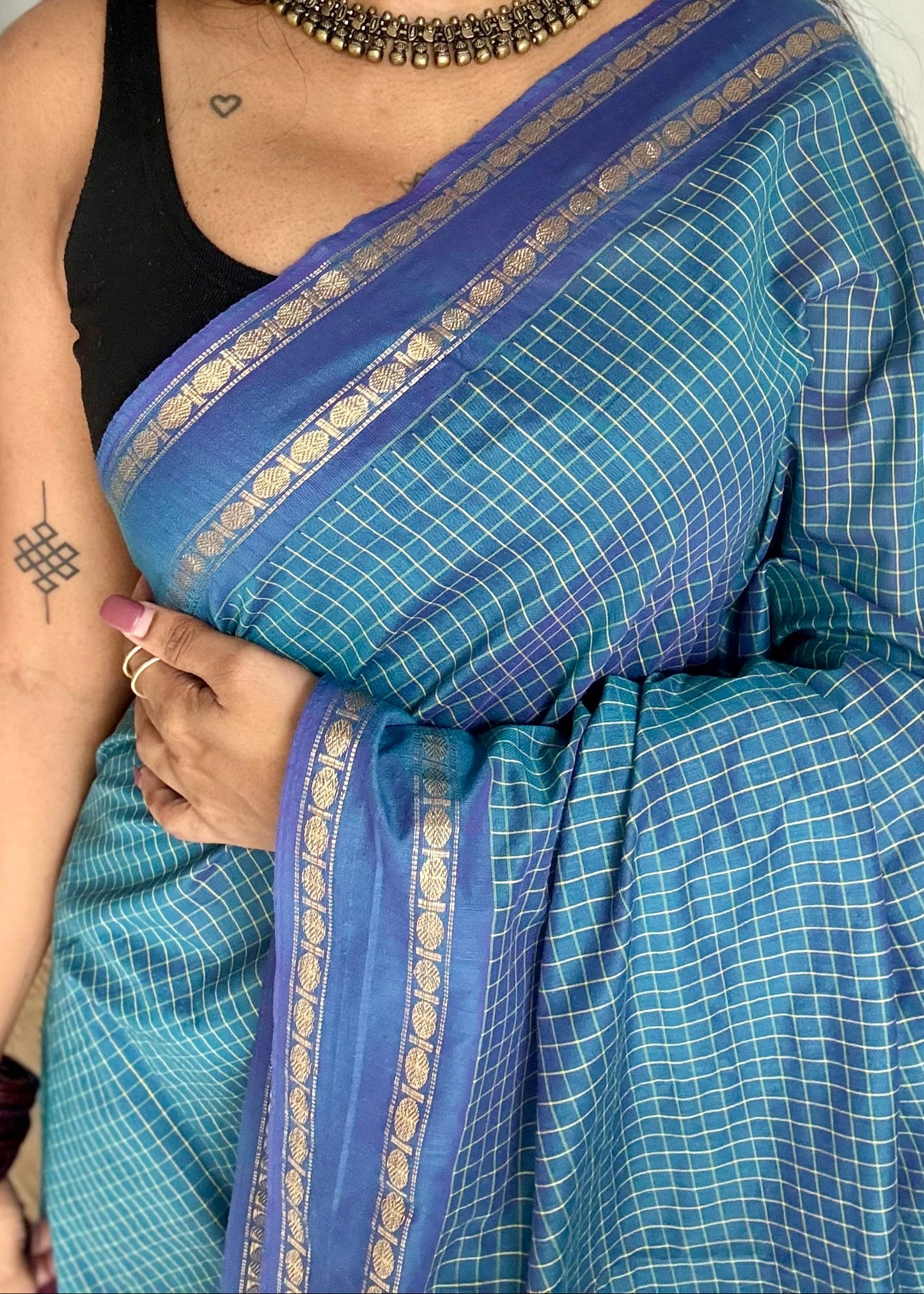 Peacock blue, arani checks saree, cotton silk - YCCOTNAUG21