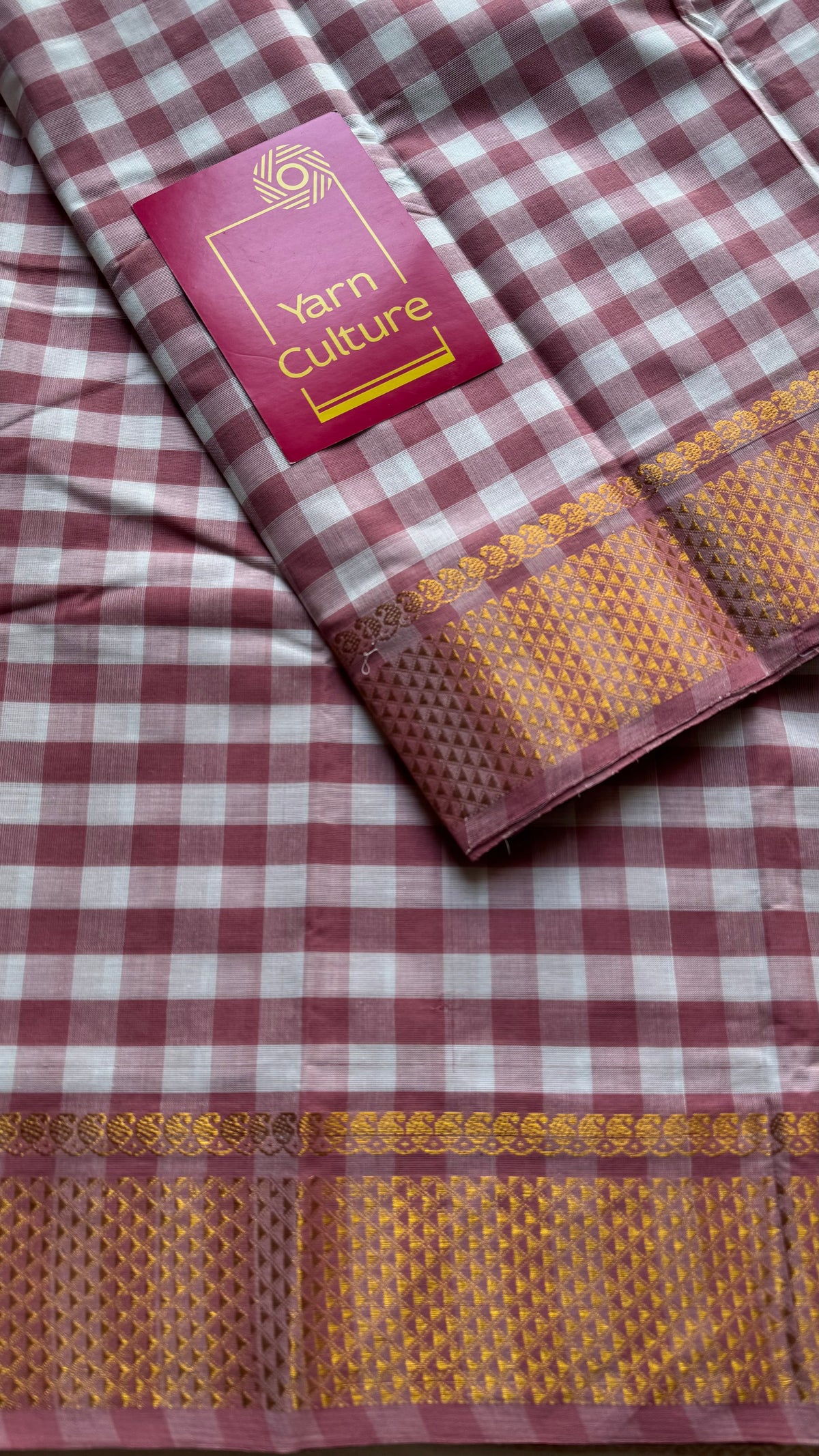 Chettinad cotton saree with mauve pink and white checks, zari motif border - YCCOTNCKSE46