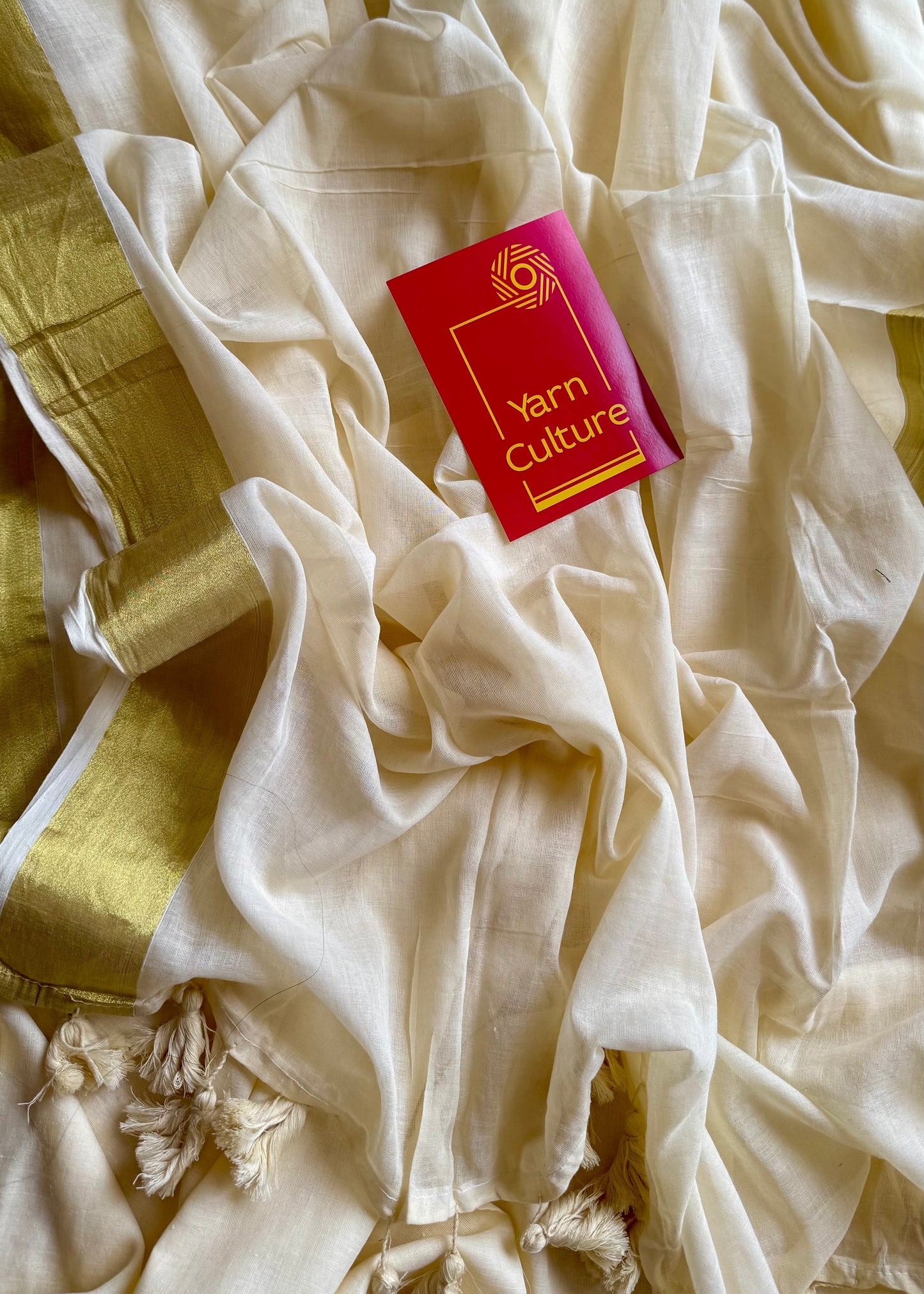 Ivory mul saree, gold border - YCIEON32
