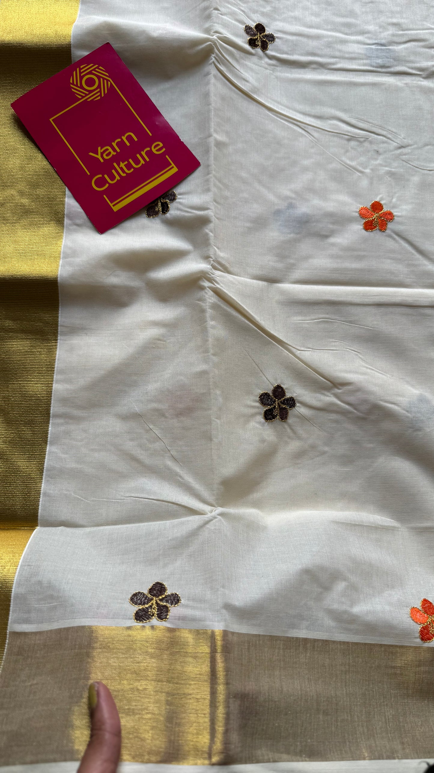 Ivory and gold saree with brown and orange floral embroidery - YCIEKCFE311