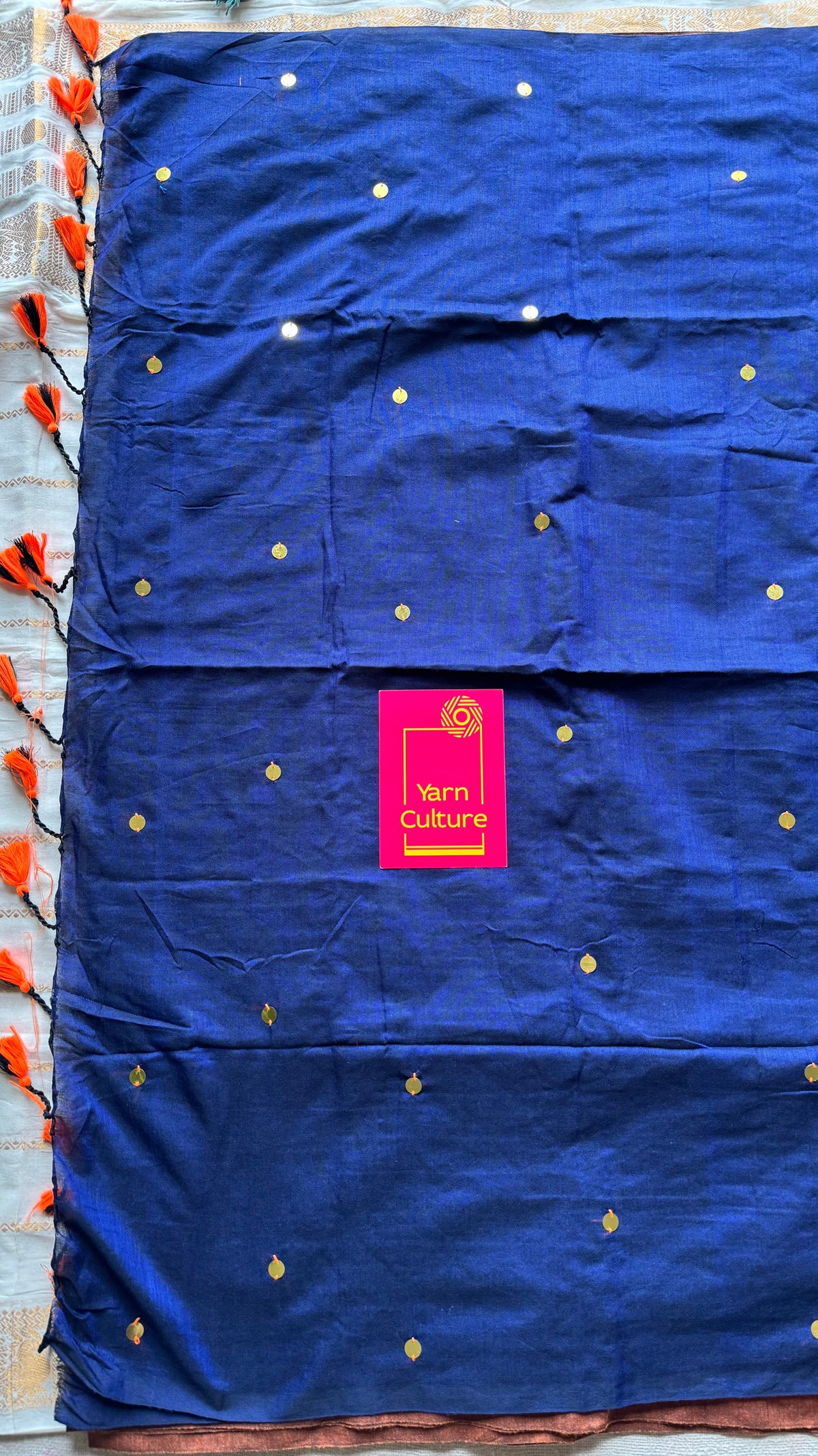 Orange with blue contrast pallu, gini sequins, soft cotton saree - YCBCSCOC08
