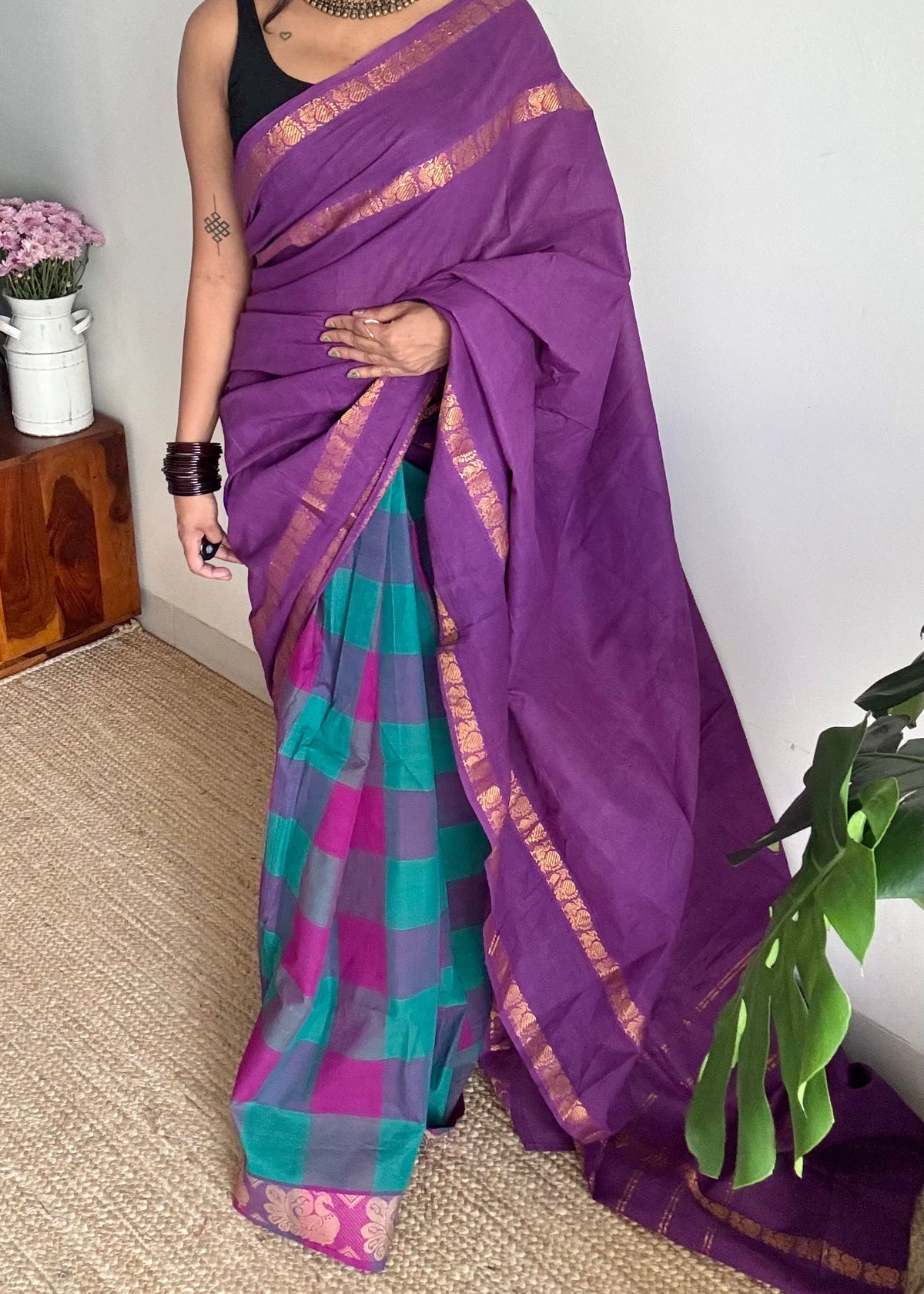 Purple with multicoloured checks, sungudi and chettinad cotton half and half saree - YCCOTNIDOC133