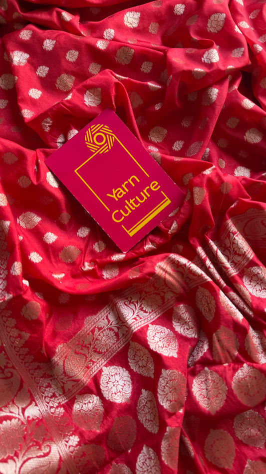 Chilli red, silver buttas and zari, Banarasi semi-silk - YCDESE37