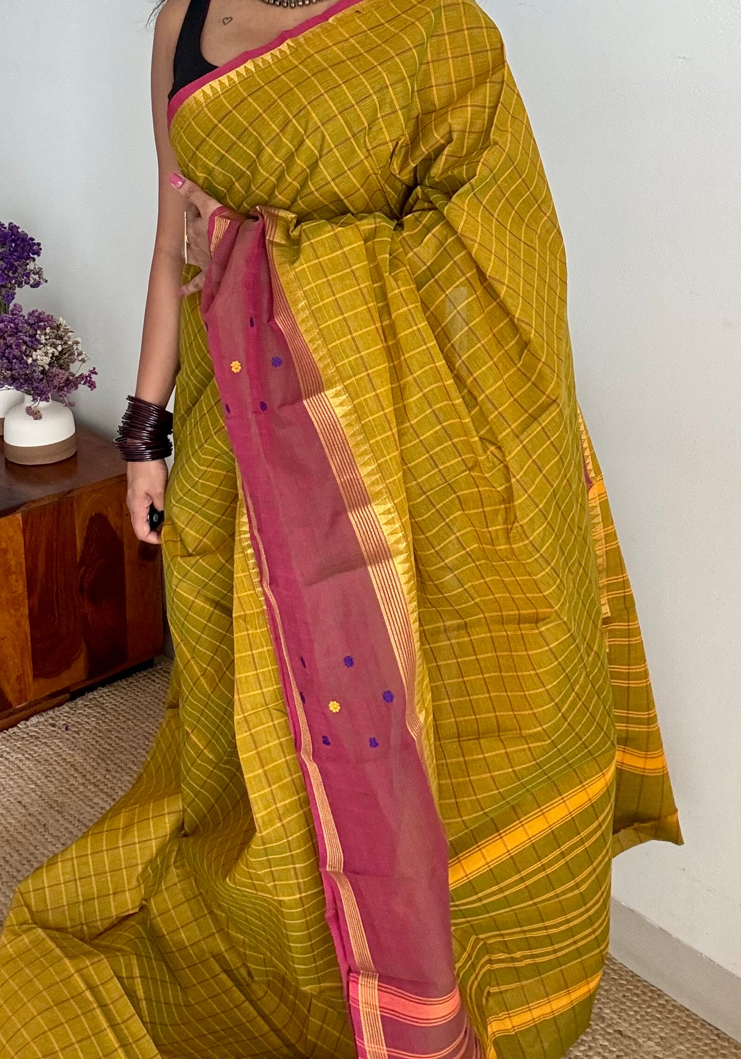 Light green and dark copper rose contrast, checkered Chettinad cotton saree - YCCOTNMA267