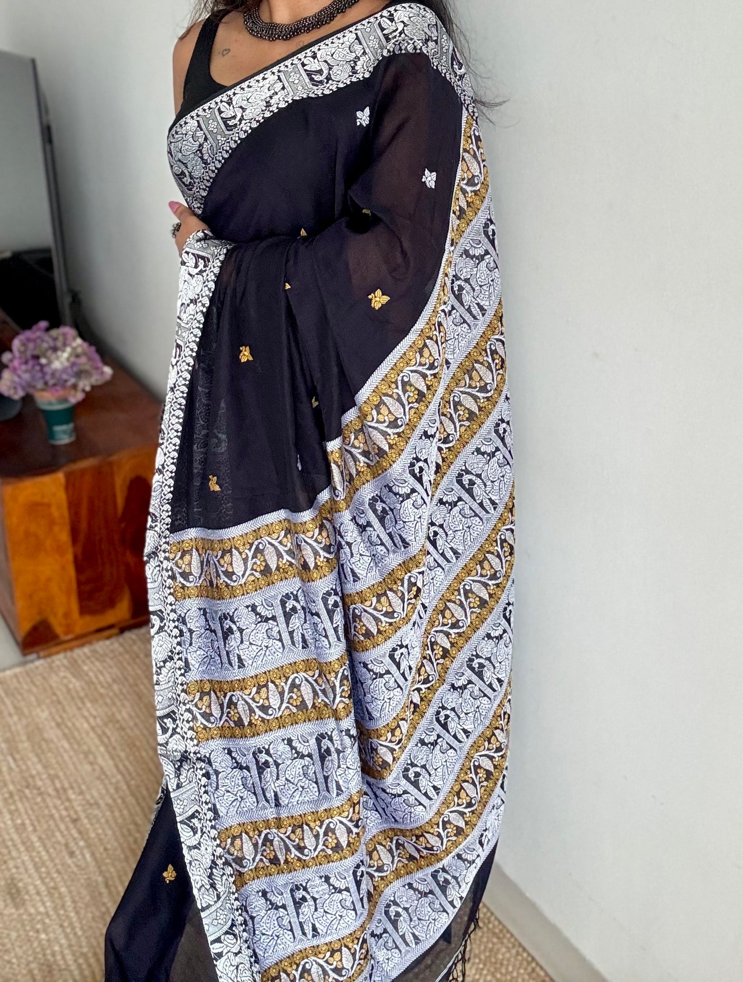 Black with white, Baluchari-inspired soft cotton handwoven saree - YCHOTEBCJA227