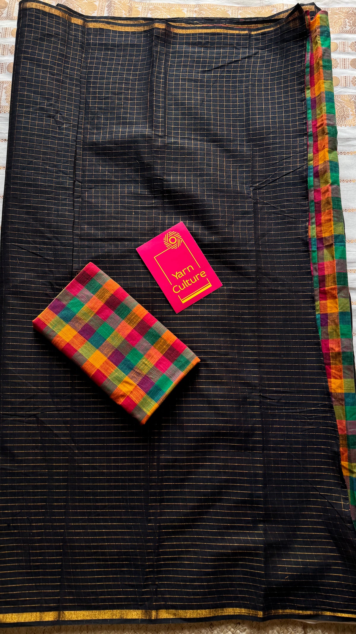 Black with multicoloured mini madras checks, cotton half and half saree - YCCOTNIDOC168