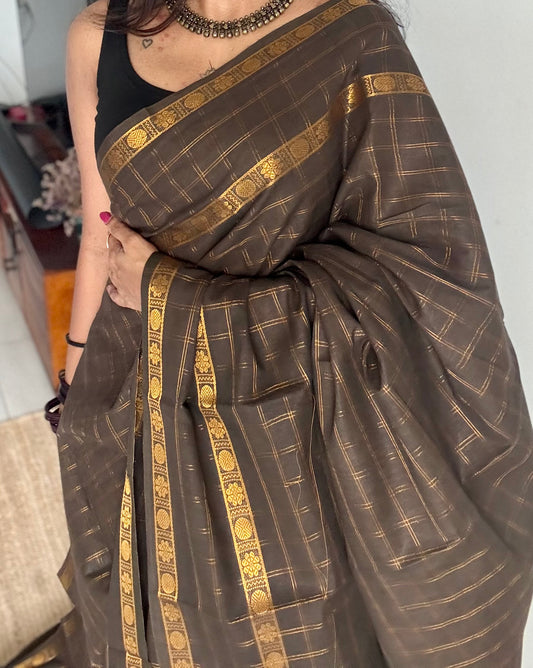 Khaki green adayar gold zari kattam, sungudi cotton - YCCOTNOCSC48