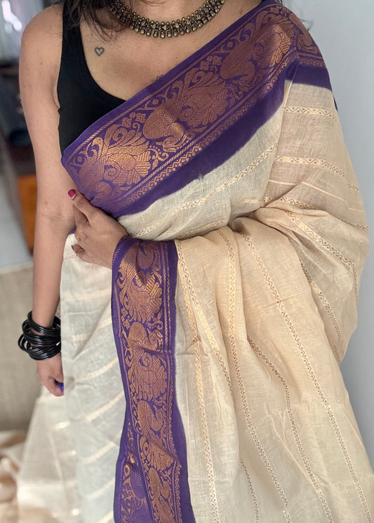 Cream with purple, peacock motif border - madurai kattuchayam dyed - YCCOTNAUS20