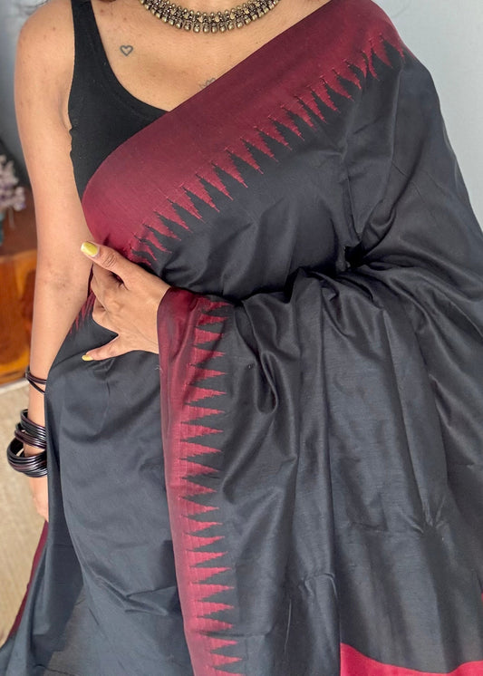 Black with maroon temple border - cotton silk - YCCOTNSEKCS16