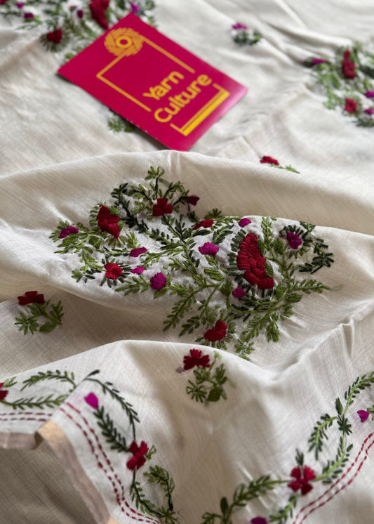 Ivory maheshwari cotton silk blend with red and magenta floral kantha threadwork - YCBLJULMK02