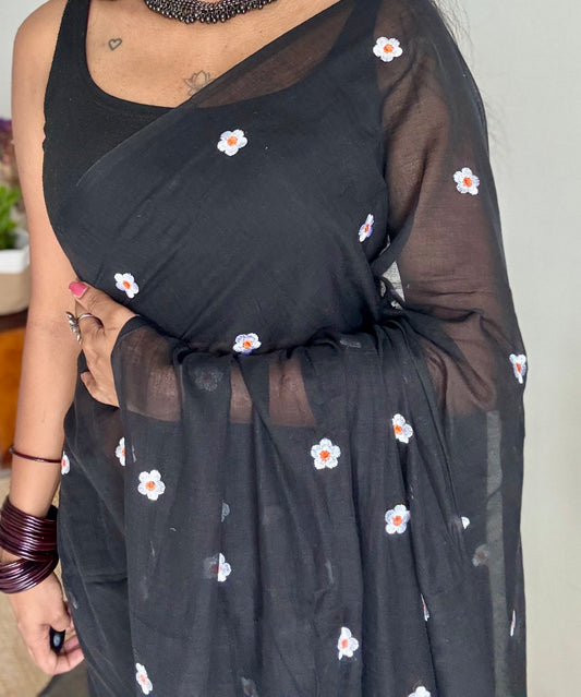 Black floral embroidered mul cotton saree  - YCBCMCAP41