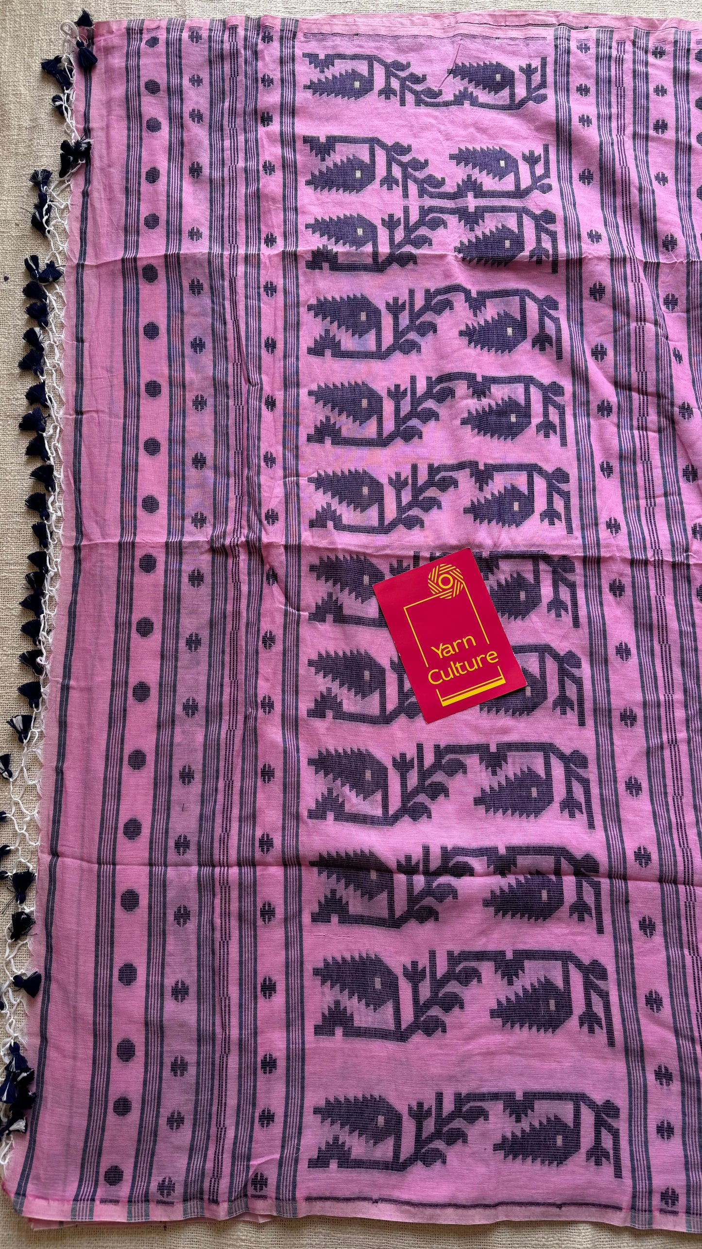 Pink with dark blue contrast jamdani saree in soft handloom cotton - YCBCJDFE379