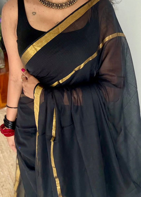 Black mul, antique gold zari, gap border pattern - YCBCMCGZSE69
