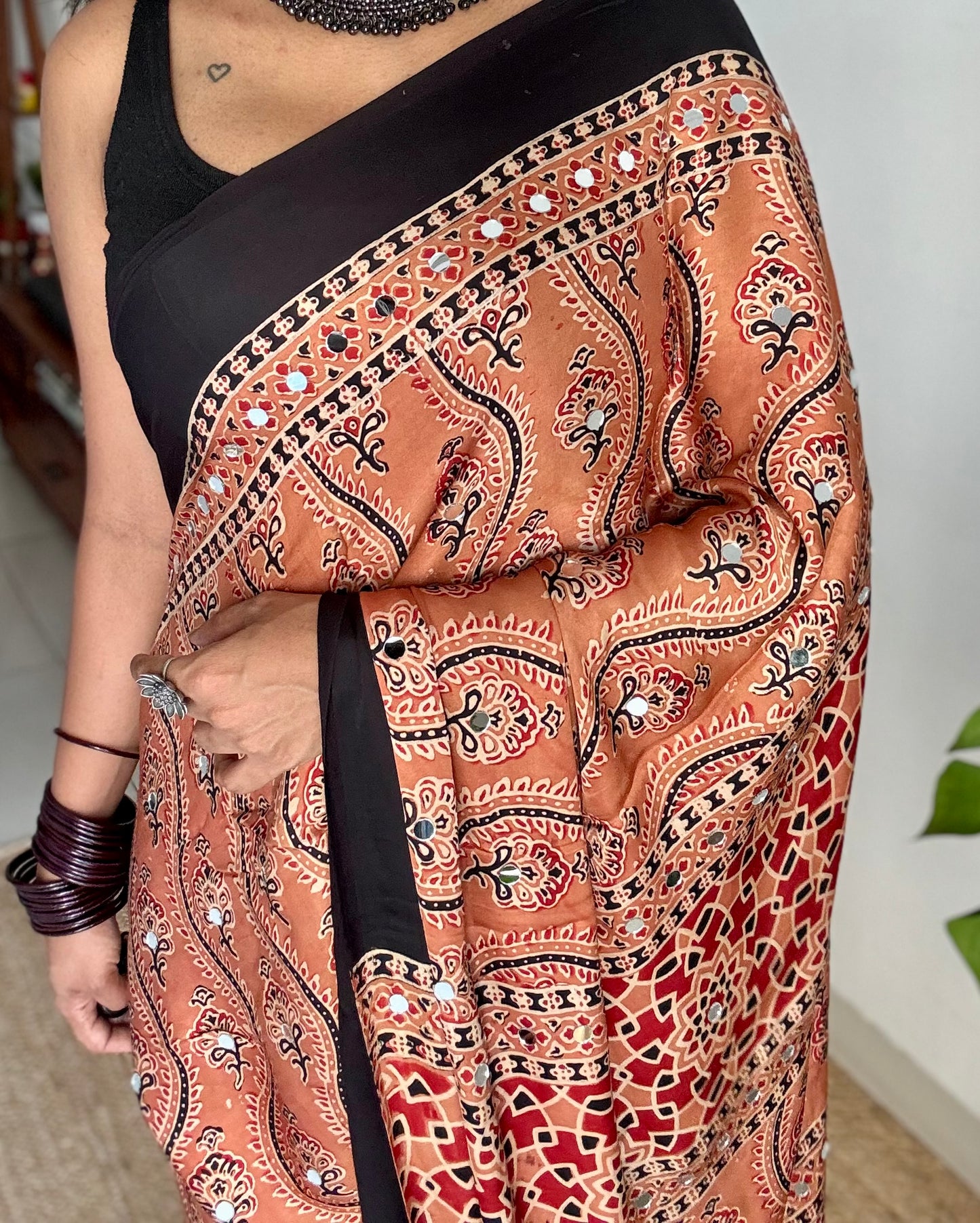Light clay brown pure modal silk saree with ajrakh handblock print and mirror work, gold zari pallu - YCTOKAJM341