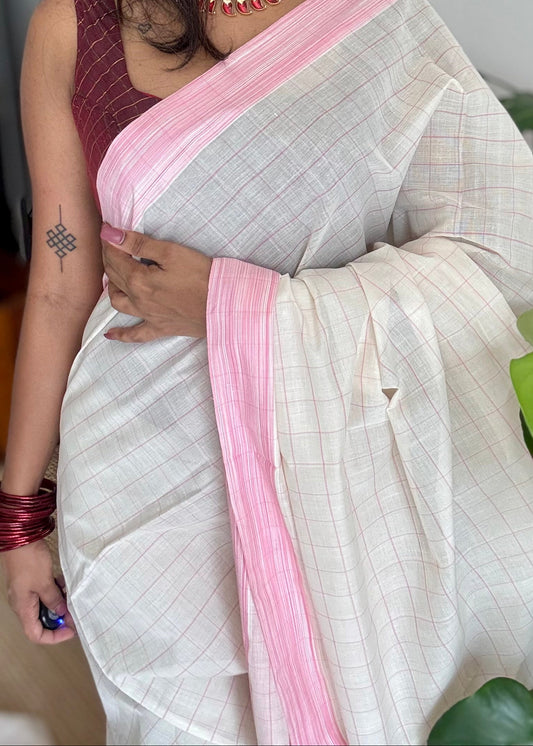 Handloom, woven in Chendamangalam Looms, ivory with pink checks, soft cotton saree - YCIEON150