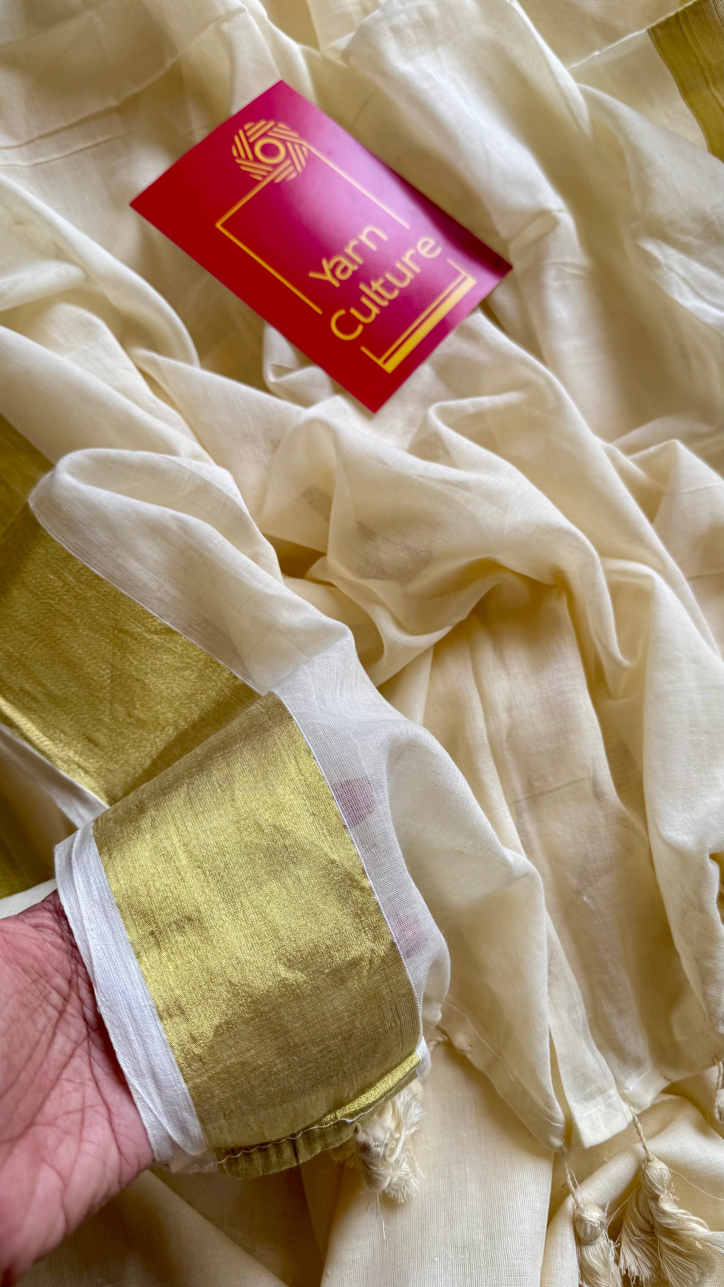 Ivory mul saree, gold border - YCIEON32
