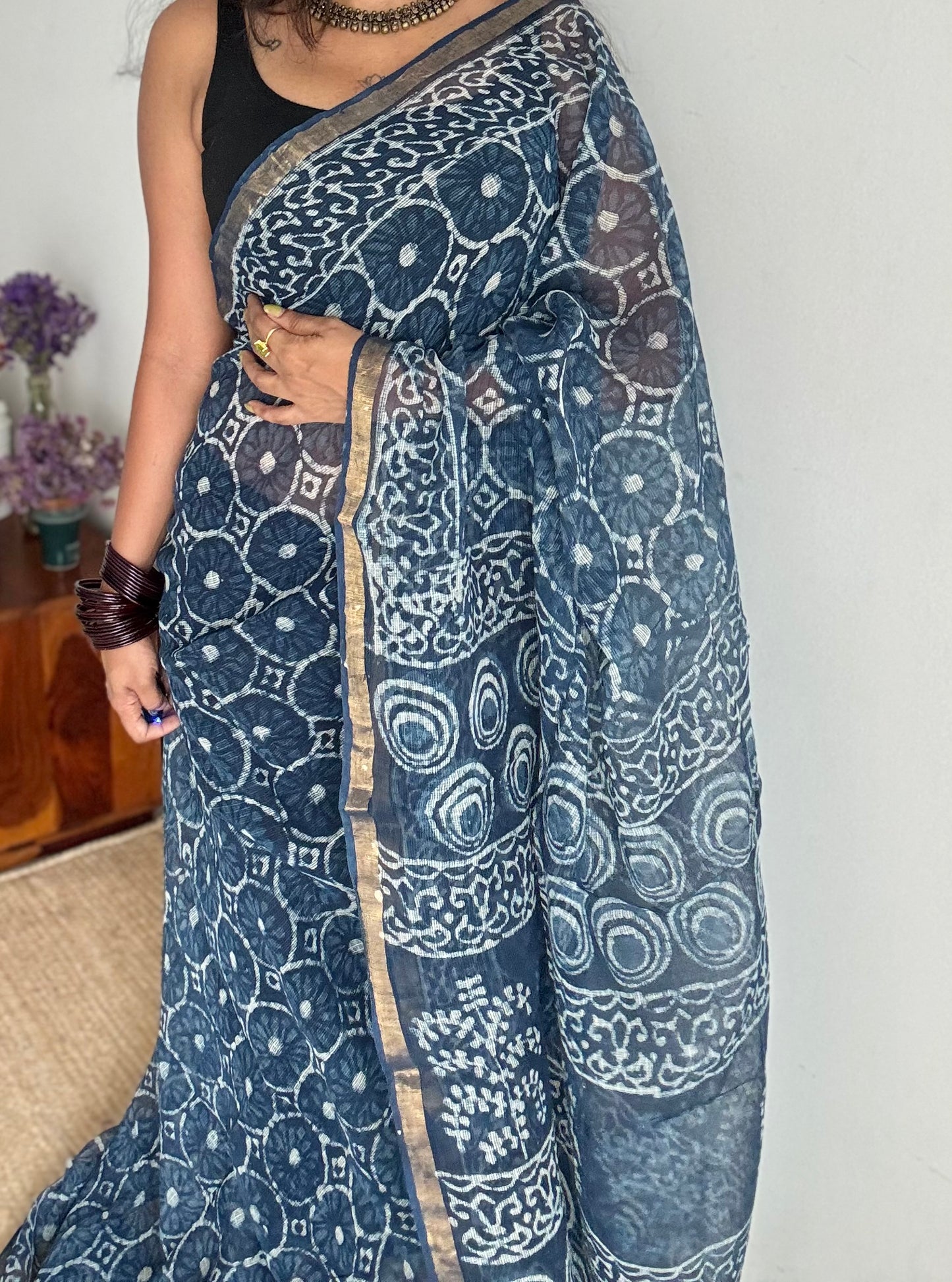 Neel Full Volume - indigo floral kota doria saree, with gold zari border - YCTORKDAP06
