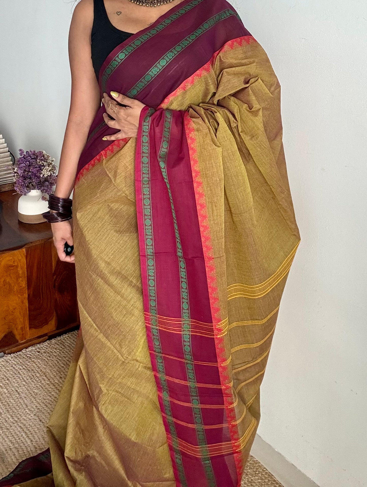 Chettinad cotton saree in ginger green with wine and maroon thread borders - YCCOTNJUCC12