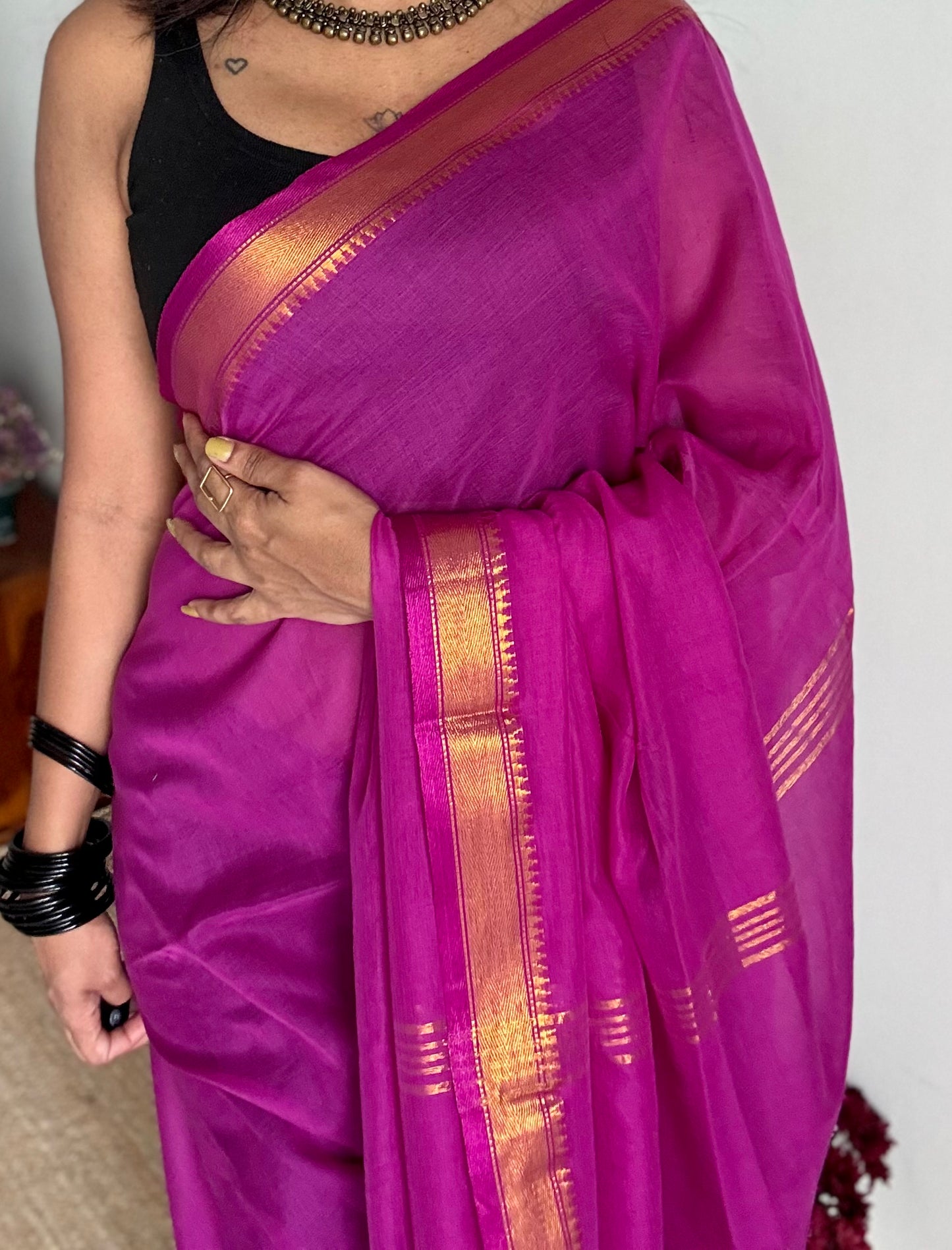 Purple pink soft cotton with maheswari gold zari border - YCBCMCFE214