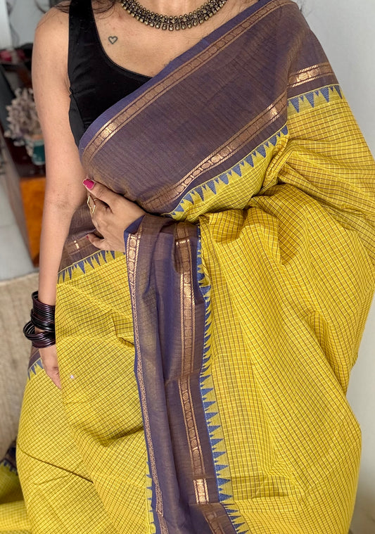 Ginger green with deep purple border, temple motifs, checkered body, kanchi cotton - YCCOTNOCKC28